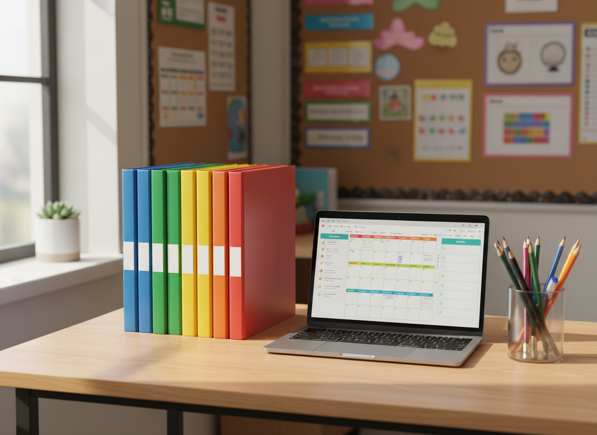 A neatly arranged teacher’s desk in a bright, modern classroom, featuring a stack of colorful, well-worn lesson plan binders, a sleek silver laptop displaying an open digital planner, and an assortment of sharpened pencils in a clear acrylic cup. The desk surface is light maple wood with a subtle grain, positioned near a large window that lets in soft morning sunlight, casting gentle, directional shadows. In the softly blurred background, bulletin boards with organized charts and laminated resources line the walls. Photographic realism at eye level with a slight angle, clean and professional composition, warm but balanced tones, creating an inviting, productive atmosphere ideal for a teacher resource blog homepage hero image.