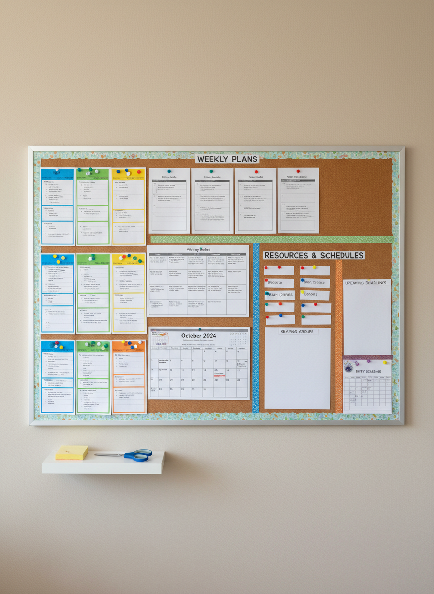 A large cork bulletin board mounted on a neutral classroom wall, meticulously covered with color-coded lesson plan templates, rubric sheets, and printed schedules, each secured with bright pushpins. Thin washi tape creates neat sections labeled with small handwritten tags like “Math Centers” and “Reading Groups.” A small, tidy stack of sticky notes and a pair of scissors rest on a narrow white shelf beneath. Diffused daylight from an unseen window illuminates the scene evenly, reducing harsh shadows and enhancing legibility. Shot straight on with photographic realism and sharp focus, the composition feels organized and calm, embodying professional planning and structured classroom management for teachers seeking resources.
